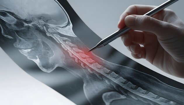 Angled view of cervical spine x-ray with red pain area. Neck vertebrae degeneration and orthopedic diagnosis. Specialist pointing pen at spinal bone injury radiograph.