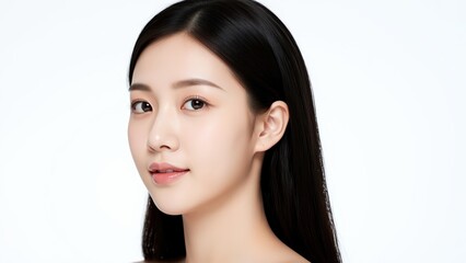 Fototapeta premium Ethereal Portrait: A captivating close-up shot of a young woman with flowing dark hair and a gentle expression, exuding serene beauty and youthful charm.
