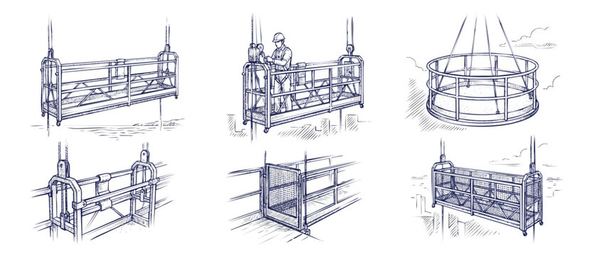 Suspended scaffolding platform technical sketches showing industrial window cleaning cradles and construction hoisting equipment engineering designs in blue line art style for workplace safety.