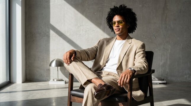 Young mixed-race man with natural afro hair, yellow tinted glasses, beige linen suit, white tee, watch, seated in designer wooden armchair in sunlit concrete minimal space.