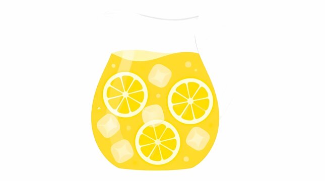 Lemonade pitcher with refreshing yellow citrus beverage, garnished with fresh lemon slices and clear ice cubes, perfect for a hot summer day illustration.