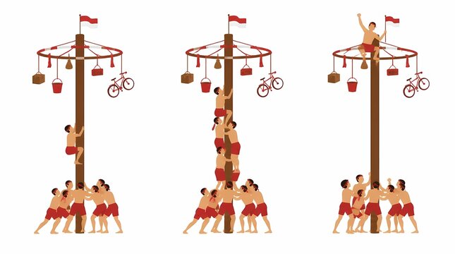 Indonesian men climbing a greasy pole (Panjat Pinang) to win prizes during independence day celebrations, showcasing teamwork and cultural tradition.