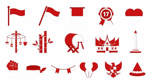 Indonesian Independence Day celebration vector icons. Features flag, Garuda, Monas, traditional house, drums, cultural symbols, patriotic red and white.