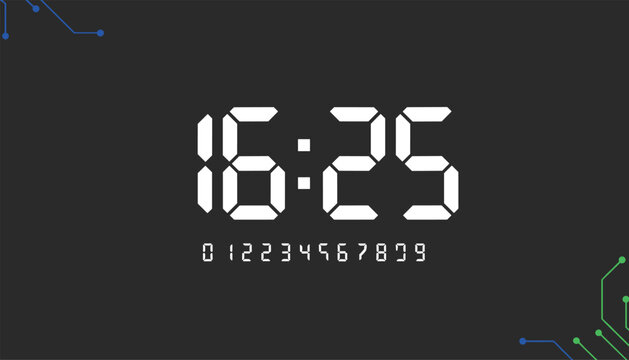 Digital clock showing sixteen twenty-five with numeric set and motherboard circuit design on dark grey background.