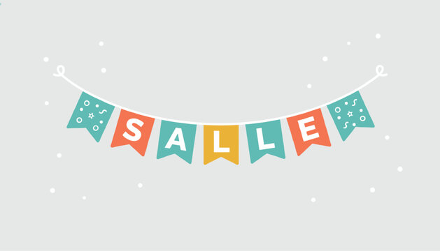 Festively decorated holiday sale banner featuring colorful hanging bunting flags with salle text on grey background.