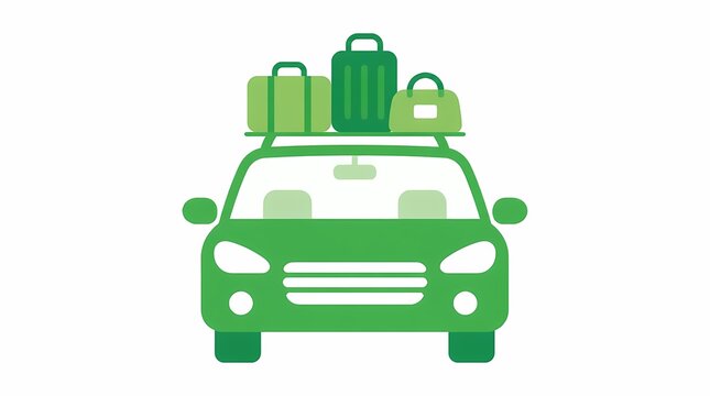 Car with luggage on a roof rack, ready for a long journey or family vacation trip, depicted as a vibrant green minimalist illustration on a clean white background, symbolizing travel and transport.