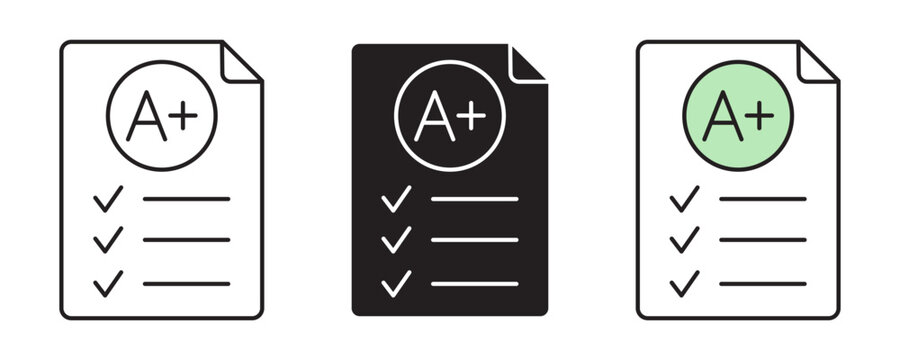 Minimalist report card icon set including line, solid, and color fill versions. Document with A plus grade, check marks, and text lines. School test or exam result vector illustration.