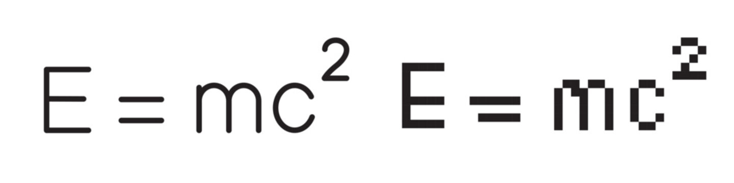 E=mc2 formula icon set. Minimalist physics equation in line art with editable stroke and pixel art style. Back to school and science concept vector illustration.