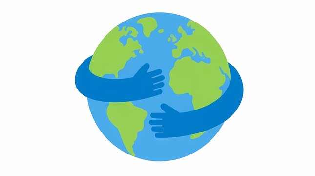 Earth globe illustration with two blue hands embracing the planet, symbolizing global environmental protection, unity, and ecological awareness on a clean white background.