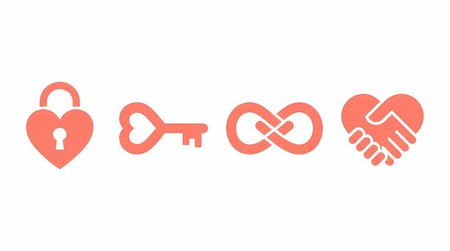 Love and relationship vector icons representing commitment, partnership, and eternal bond with heart-shaped padlock, key, infinity symbol, and handshake on white background.