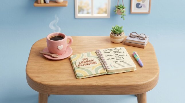 Teaching on the First Day of School at the Classroom Desk, Miniature desk scene with hot coffee, open lesson planner, succulent, and glasses on a wooden table.