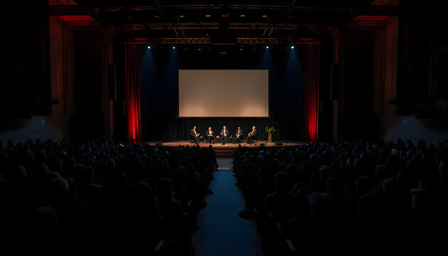 Auditorium hall with audience watching panel discussion on stage with blank screen, business conference, seminar, presentation, corporate event