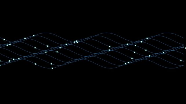 Glowing blue sine waves moving with particles across a dark space for scientific data visualization