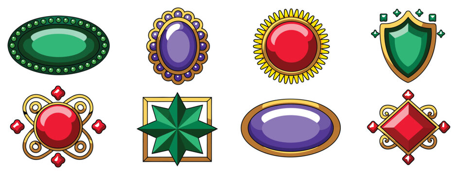 Gemstone Jewelry Icon with Amethyst, Emerald, Ruby, Golden Ornaments, Cartoon Style, and Editable Vector Illustration.