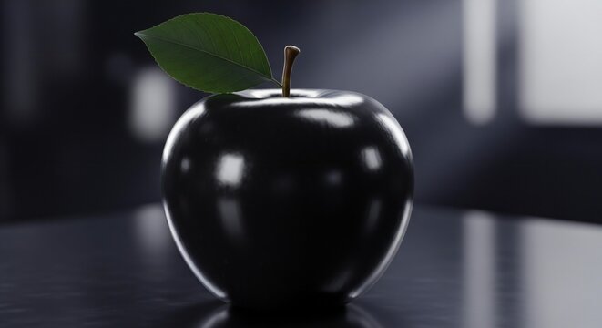 Glossy Black Apple with Single Leaf on Dark Reflective Surface