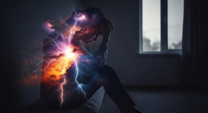 Person experiencing mental breakdown with colorful energy explosion inside