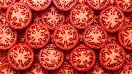 Naklejka premium Close packed sliced tomato rounds forming dense textured pattern, overhead composition highlighting seeds and flesh details for culinary and design concepts