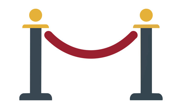Minimalist icon of two stanchion posts connected by a plush velvet rope on a white background. Crowd control and exclusive event concept