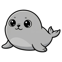 Naklejka premium Cute Cartoon Seal: A charming, cartoon-style seal with big, expressive eyes and a sweet smile sits on a flat surface, its grey body rounded and its fins tucked close.