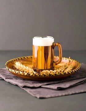 Rustic Copper Mug with Foamy Drink Resting on Woven Tray with Wheat on Gray Tabletop
