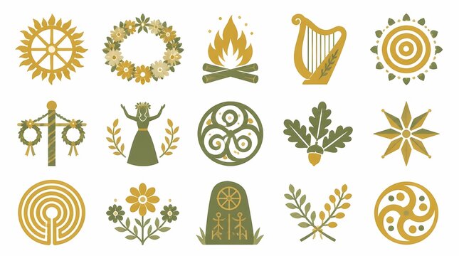Pagan and Wiccan spiritual symbols collection representing nature, ancient rituals, Celtic mythology, and seasonal celebrations with flat vector icons in earthy tones.
