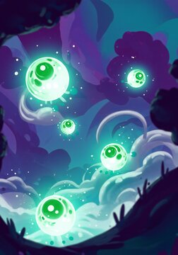Mystical Glowing Orbs Floating in Dreamy Night Sky with Cosmic Clouds
