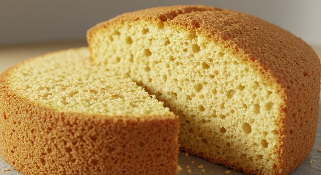 Close-up of a fluffy golden sponge cake, freshly baked, with a slice cut out, showing airy texture.