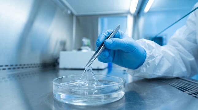 Scientist Inspecting Biodegradable Silk Fibroin Hydrogel Sample in Cleanroom