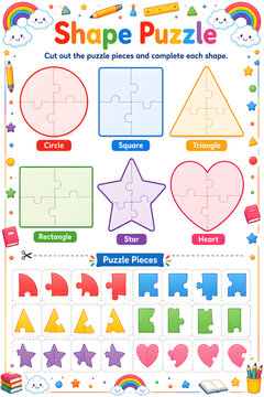 Shape puzzle worksheet for preschoolers with dotted lines to cut out pieces and complete geometric shape