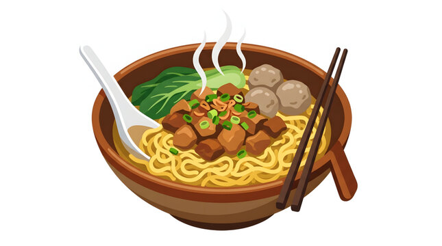 A steaming bowl of Indonesian bakso meatball noodle soup with chopsticks and spoon.