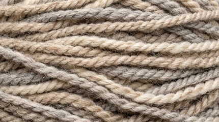 Fototapeta premium Close up textured wool yarn strands in neutral beige tones, twisted and coiled fibers stacked for knitting and craft projects with soft fuzzy surface and tactile handmade feel