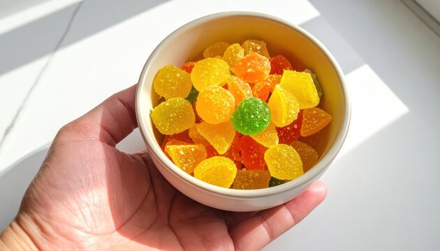 Hand Holding Bowl of Vibrant Mixed Citrus Gumdrops