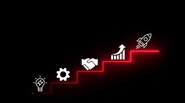 Concept of step-by-step progress, goal achievement, business strategy, career growth, milestones, planning, and effective project management. Red neon line on black background.