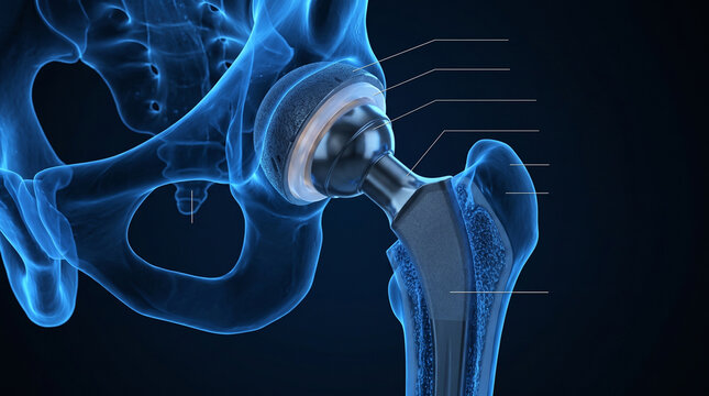 3D medical illustration showing a total hip replacement prosthetic joint within the human pelvis and femur.