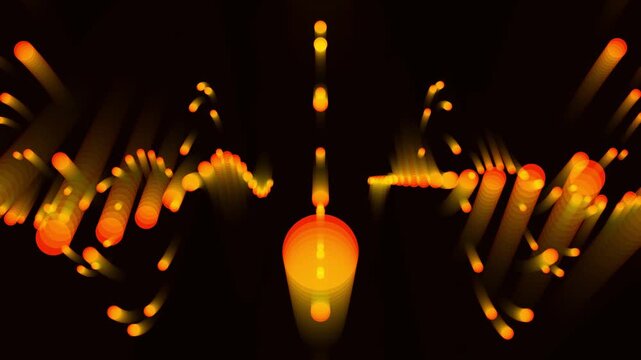 Glowing orange particles flowing in dynamic waves across a deep dark space for energetic motion visuals