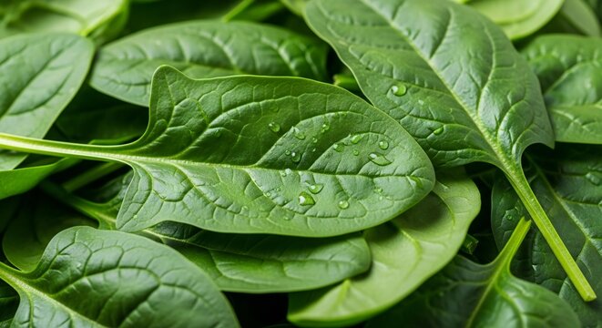 Fresh Spinach Leaves with Water Droplets, Healthy Green Vegetable Background