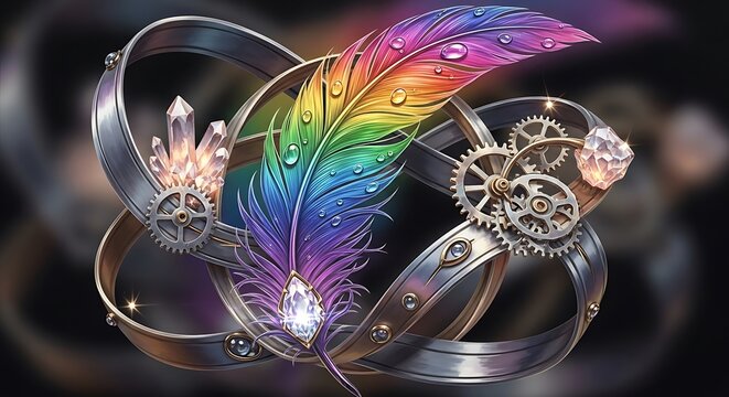 Vibrant Rainbow Feather Resting Among Steampunk Gears and Crystals on Dark Blurred Background