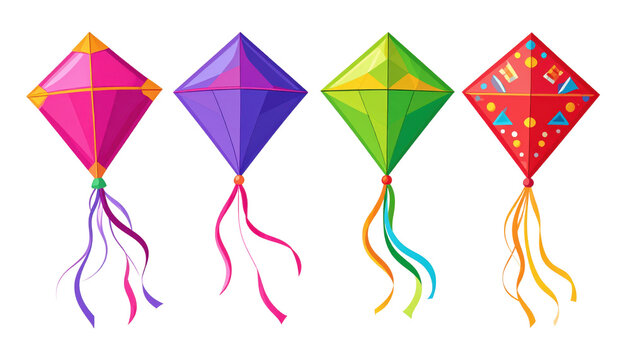 Vibrant Kite Collection with Colorful Streamers Illustration of Four Diamond-Shaped Flying Toys in Pink Purple Green Red Designs | Vector Clip Art for Web Design & Kids Activities