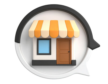 PNGMURNI--transparent background Firefly Stylized 3D illustration of a storefront with a striped awning and wooden door