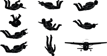 Skydiver Silhouette Vector Icon Set Featuring Parachutists in Free Fall and Propeller Plane for Extreme Sports and Skydiving Adventure Designs © Bijoy