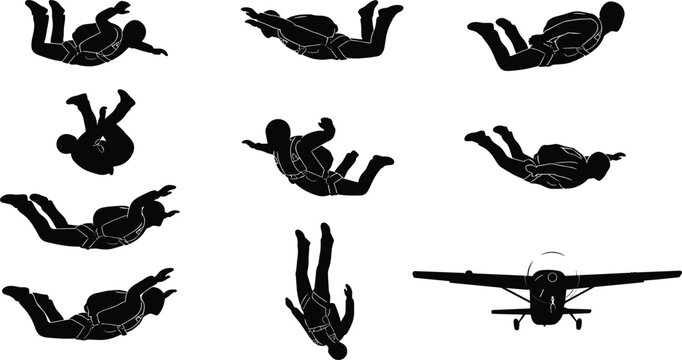 Skydiver Silhouette Vector Icon Set Featuring Parachutists in Free Fall and Propeller Plane for Extreme Sports and Skydiving Adventure Designs