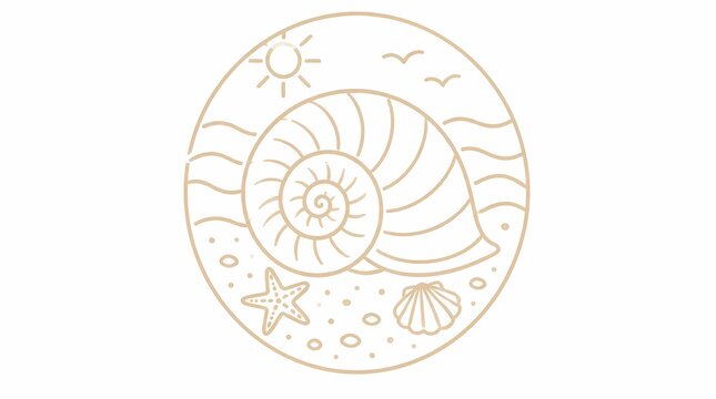 Seashell, starfish, clam on sandy beach. Minimalist circle illustration with ocean waves, sun, and birds for summer vacation.