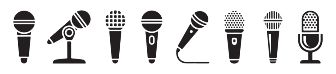 Set of various handheld and stand mounted microphone icons on a transparent background for audio tools. © Mojnur