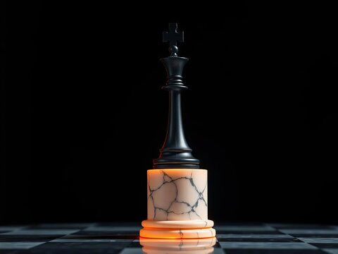 Black Chess King on Marble Base with Glowing Light