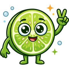 Fototapeta premium A cheerful cartoon lime character makes a peace sign gesture