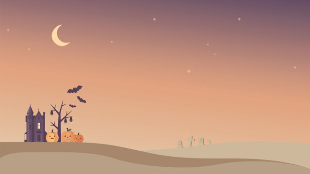 Minimalist graveyard landscape at sunset with silhouette haunted mansion, pumpkins, bats and dead tree have blank space.