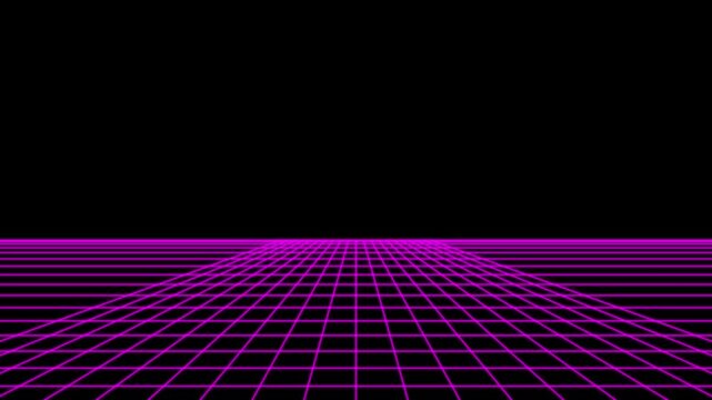 Neon purple glowing grid lines receding into a dark infinite horizon creating a retro virtual landscape