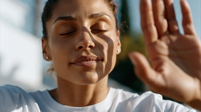 Woman with closed eyes feeling warm sunlight on her face, deeply meditating outdoors, finding peace and spiritual balance, practicing mindfulness and self care for mental well being