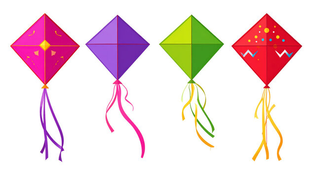 Set Of Colorful Diamond Kites With Streamers In Pink Purple Green And Red Vector Art PNG