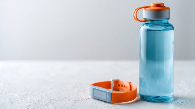 A clear blue reusable water bottle with an orange lid and strap, alongside the detached orange lid, sits on a textured grey surface.